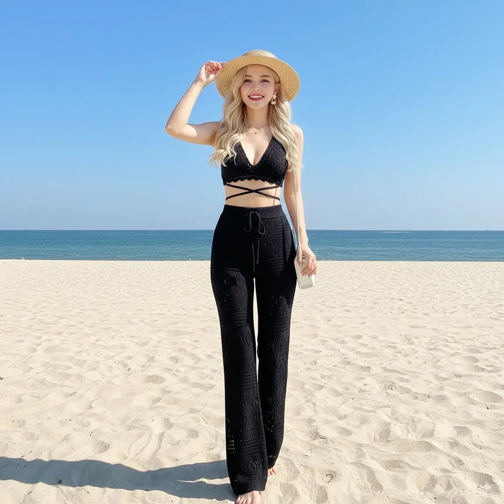 Backless Knit Crop & Wide-Leg Pants Set
