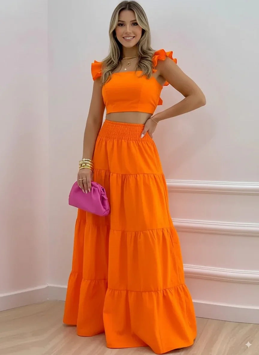 Full Size Ruffled Cami and Tiered Maxi Skirt Set Plus Size