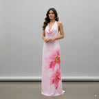Pink Floral Halterneck Velvet Long Dress