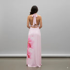 Pink Floral Halterneck Velvet Long Dress