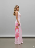 Pink Floral Halterneck Velvet Long Dress