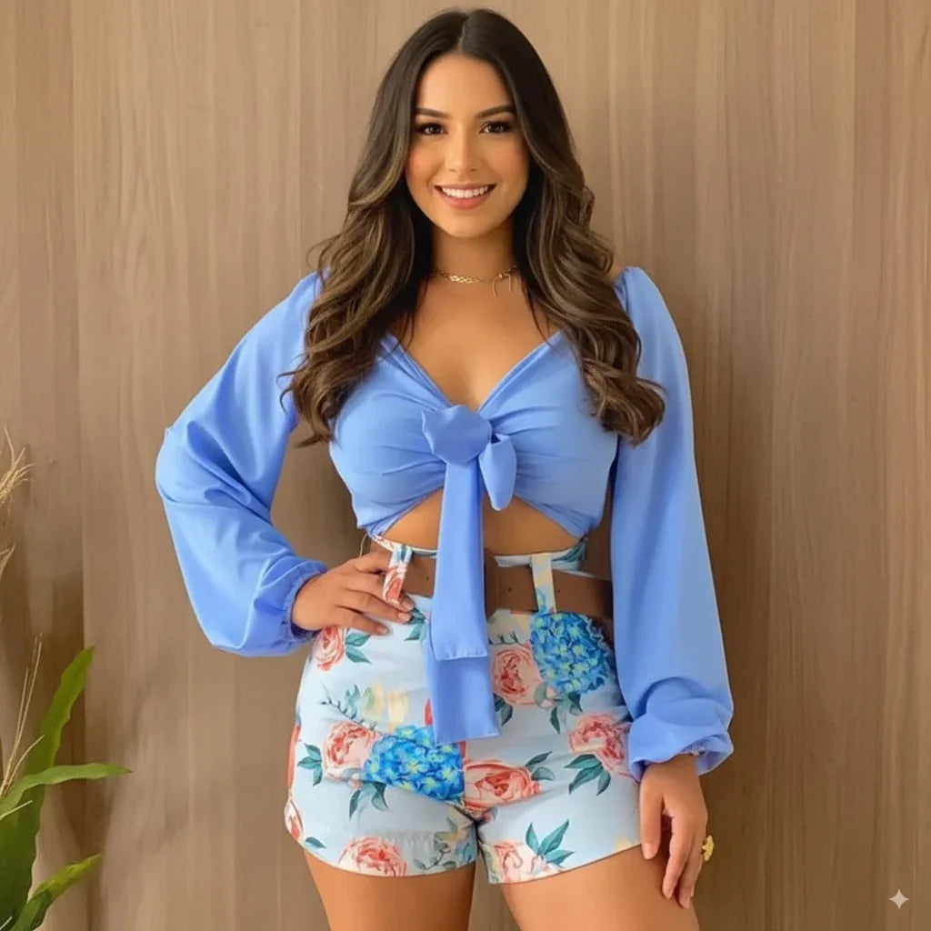 2 Piece Sets V-neck Long Sleeve Tops Slim Shorts