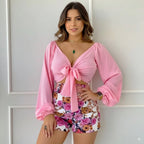 2 Piece Sets V-neck Long Sleeve Tops Slim Shorts