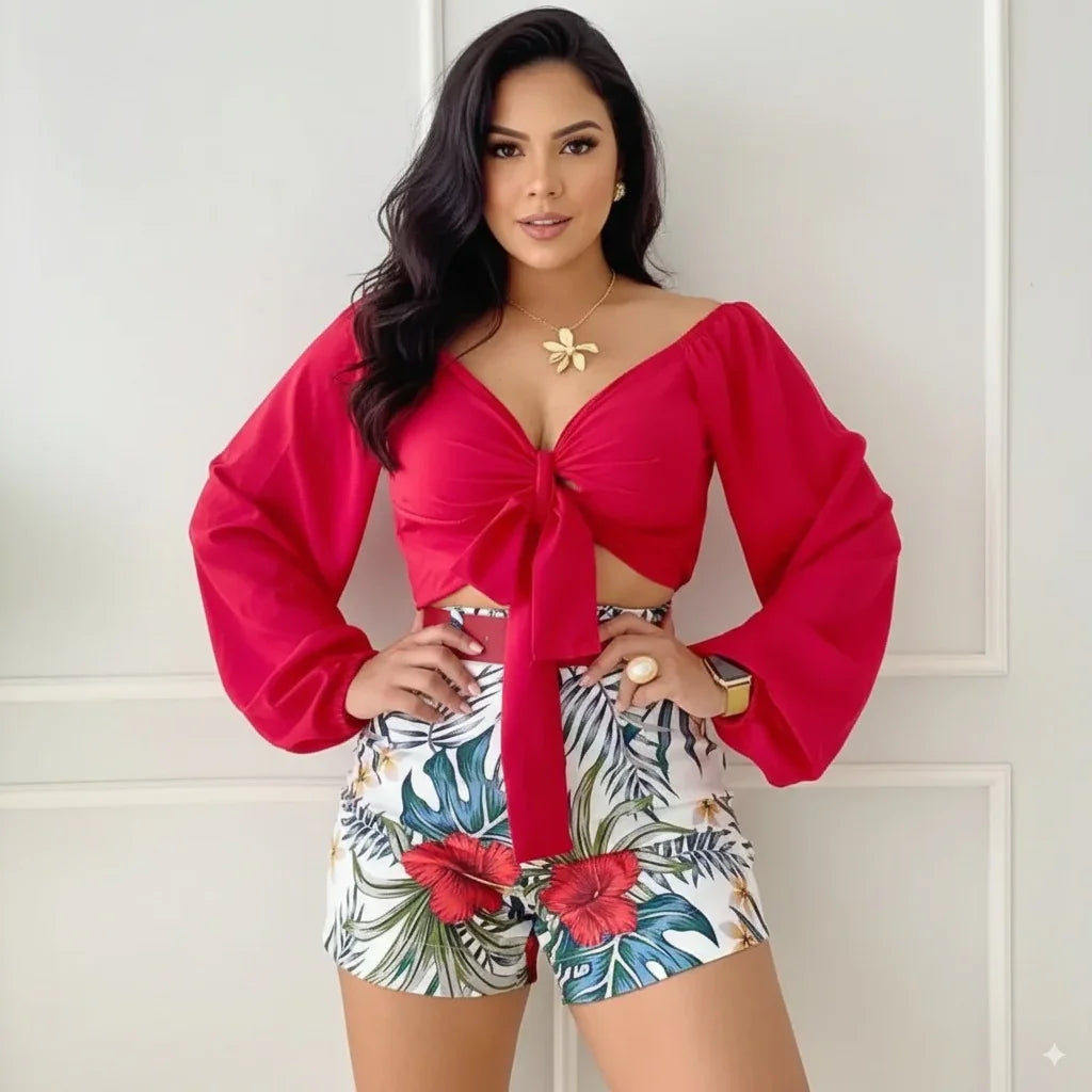 2 Piece Sets V-neck Long Sleeve Tops Slim Shorts