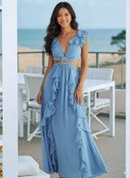 Cutout Ruffled Cap Sleeve Maxi Dress