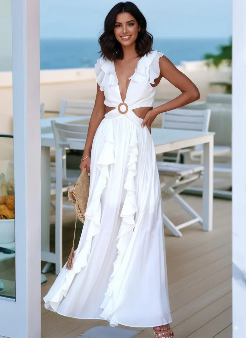 Cutout Ruffled Cap Sleeve Maxi Dress