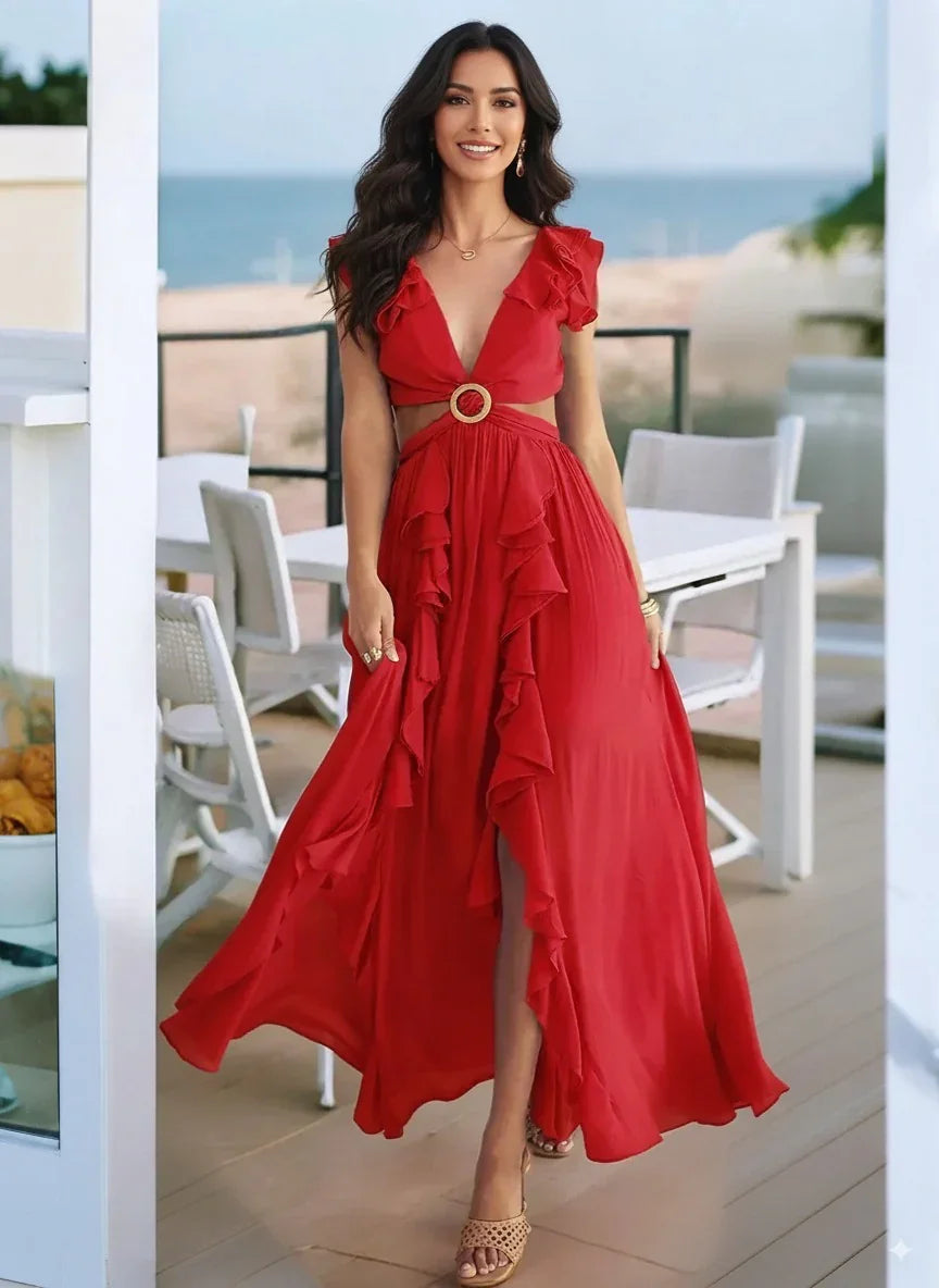 Cutout Ruffled Cap Sleeve Maxi Dress