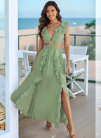 Cutout Ruffled Cap Sleeve Maxi Dress