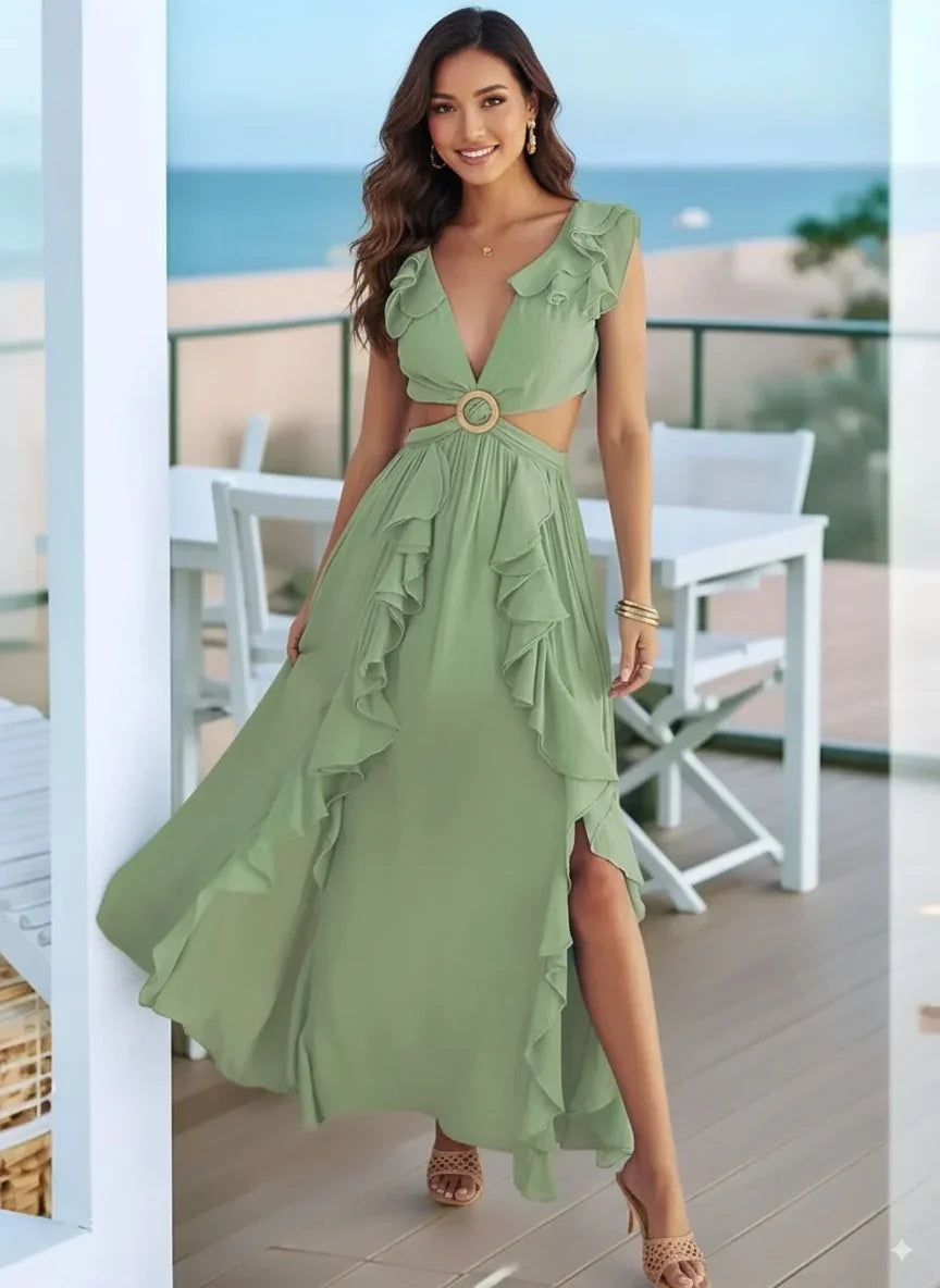 Cutout Ruffled Cap Sleeve Maxi Dress