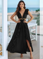 Cutout Ruffled Cap Sleeve Maxi Dress