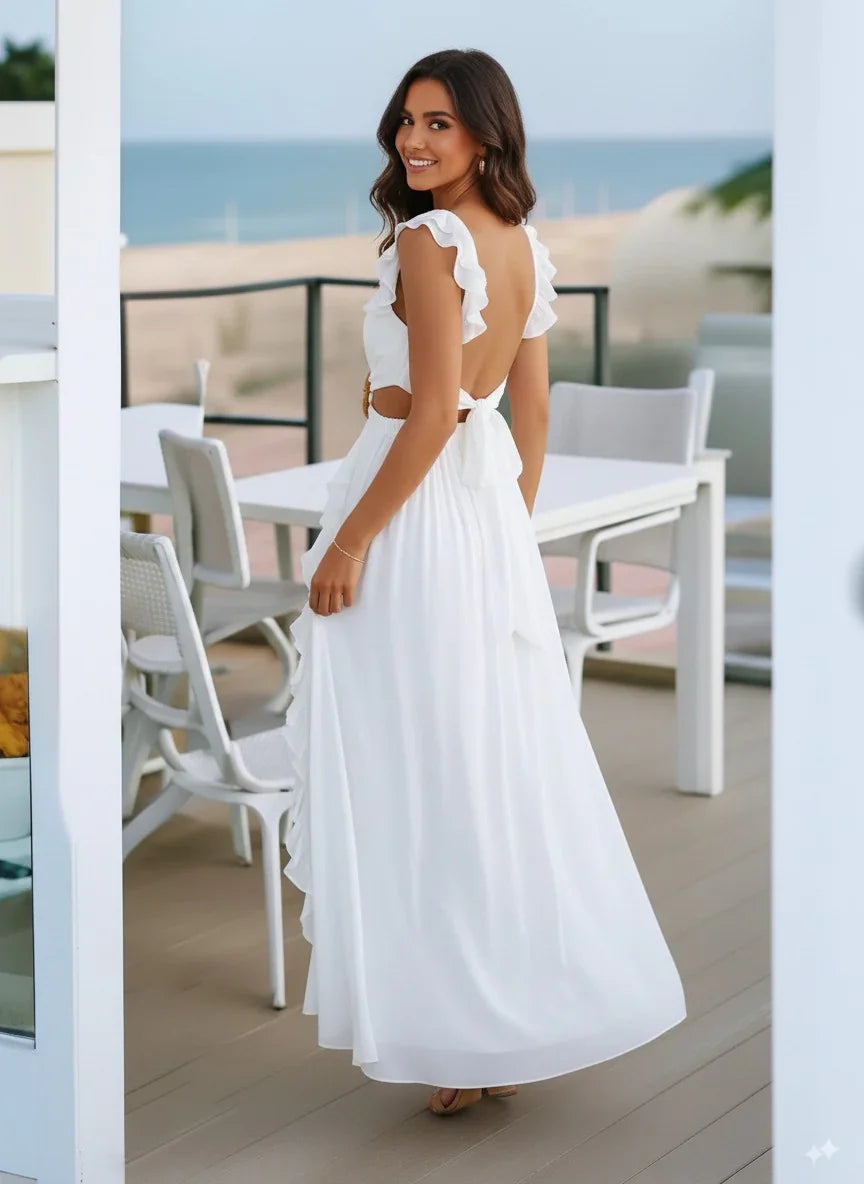 Cutout Ruffled Cap Sleeve Maxi Dress