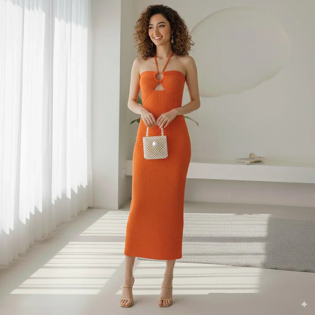 Vestido tubo de punto muy elástico – Cuello halter de verano