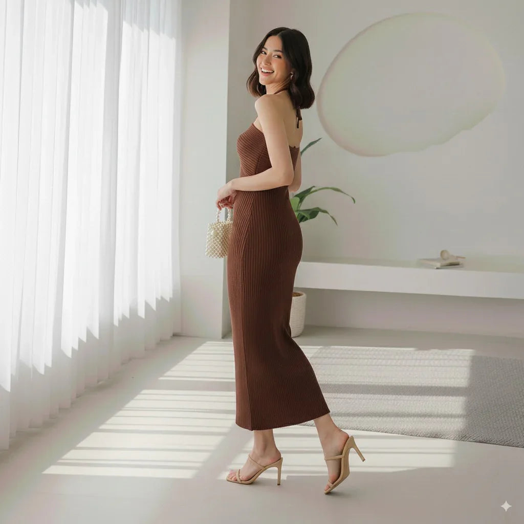 Vestido tubo de punto muy elástico – Cuello halter de verano