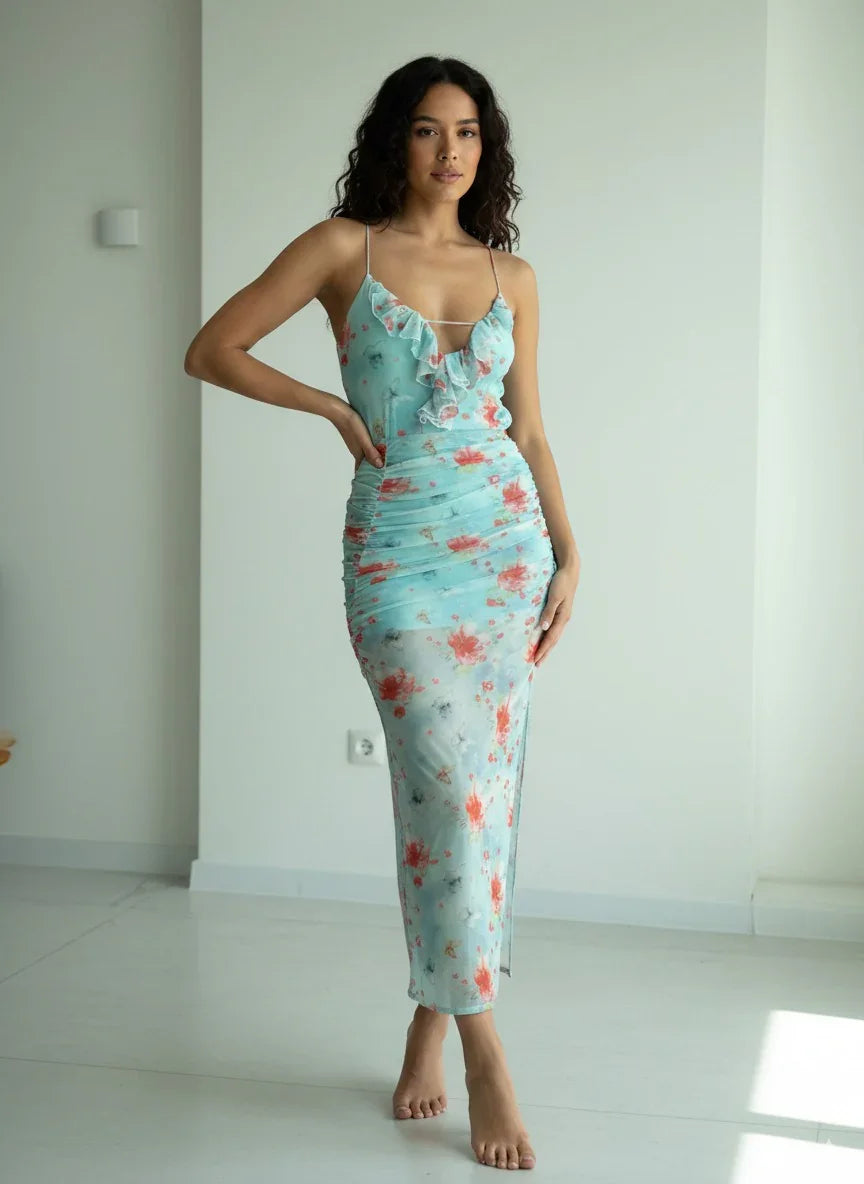 Vacation Style Floral Dress Spaghetti Strap Ruffles