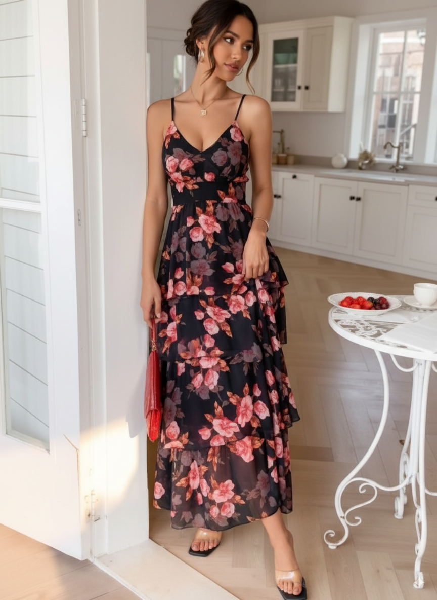 Floral Print Layered Maxi Cami Dress