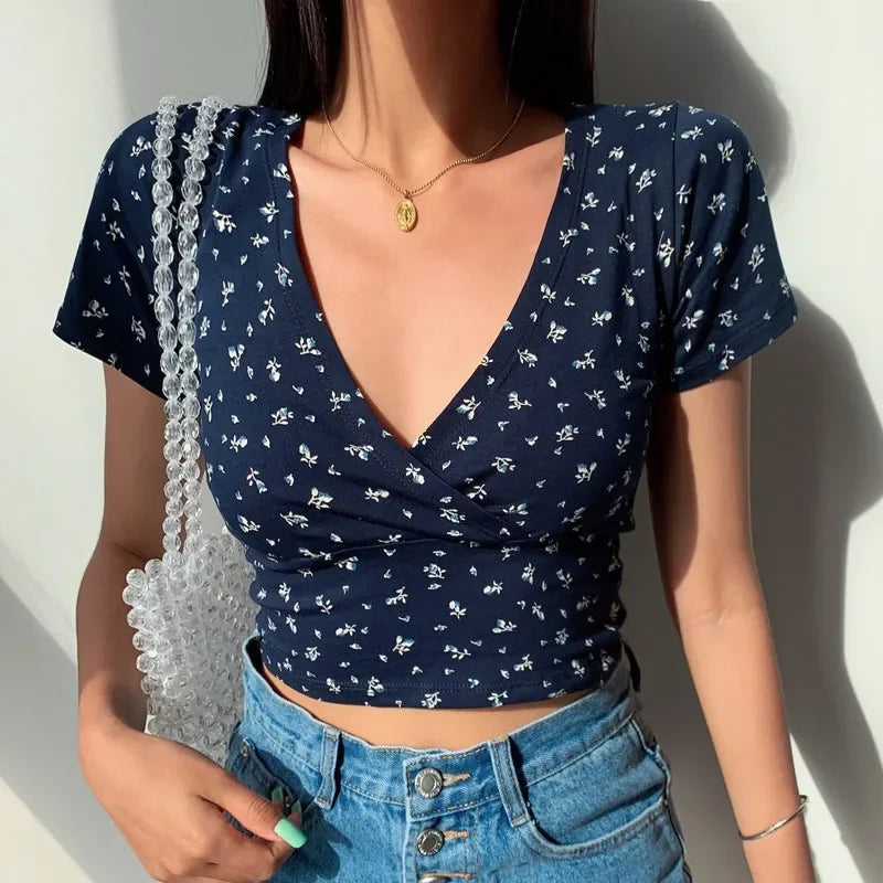 Vintage Floral Cross Crop Top - Piña Colada
