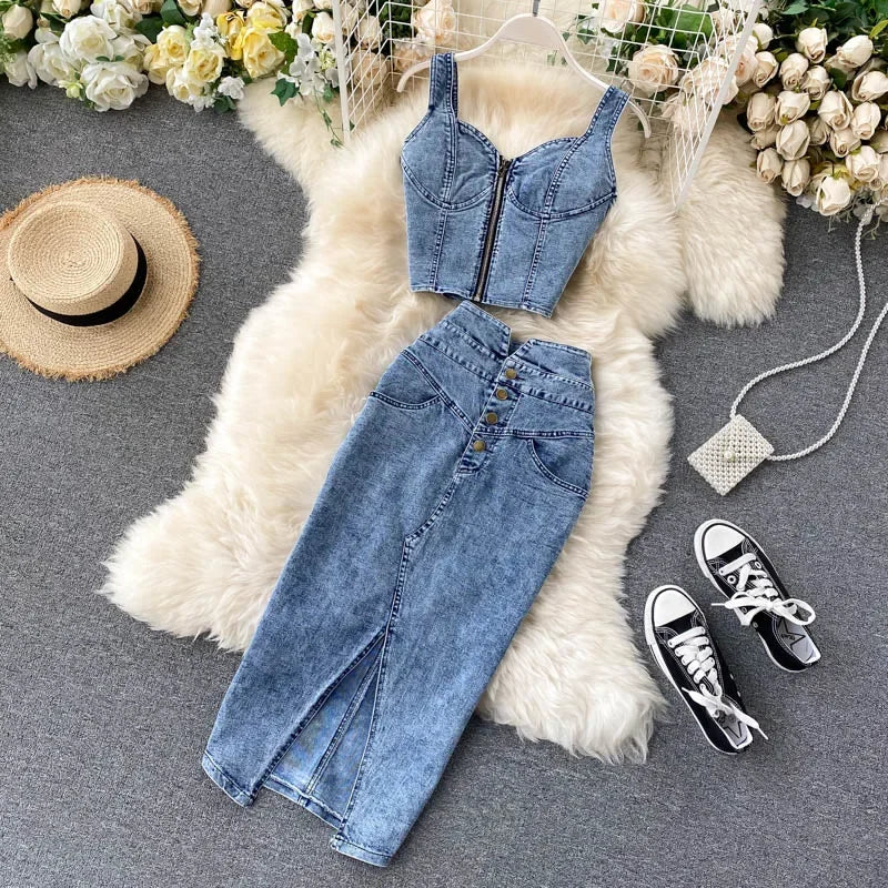 Denim Slash Neck Crop Top & Mid-Calf Skirt Set - Piña Colada
