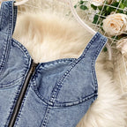 Denim Slash Neck Crop Top & Mid-Calf Skirt Set - Piña Colada