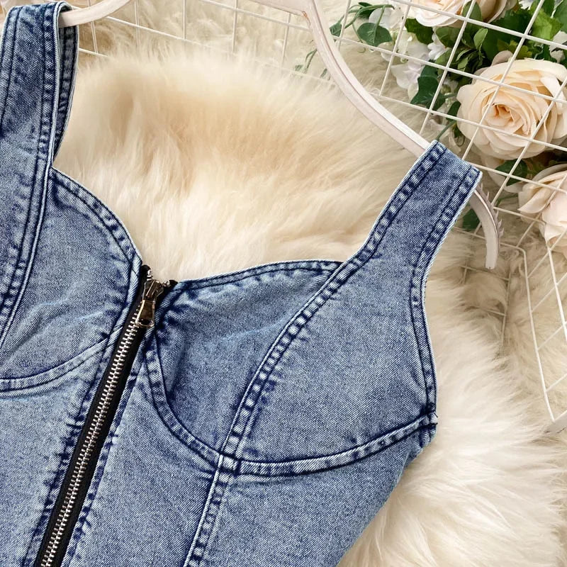 Denim Slash Neck Crop Top & Mid-Calf Skirt Set - Piña Colada