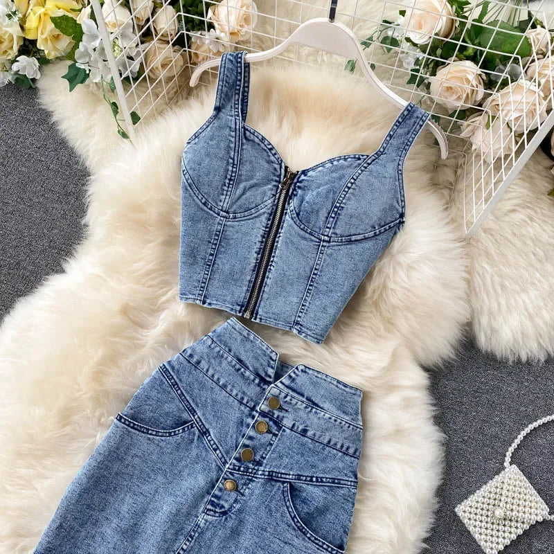 Denim Slash Neck Crop Top & Mid-Calf Skirt Set - Piña Colada