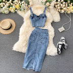Denim Slash Neck Crop Top & Mid-Calf Skirt Set - Piña Colada