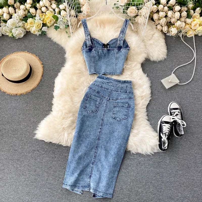 Denim Slash Neck Crop Top & Mid-Calf Skirt Set - Piña Colada