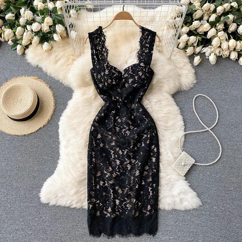 Neck Lace Pencil Dress – Knee-Length, Spaghetti Strap, Slim Fit - Piña Colada