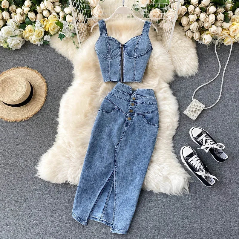 Denim Slash Neck Crop Top & Mid-Calf Skirt Set - Piña Colada