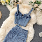 Denim Slash Neck Crop Top & Mid-Calf Skirt Set - Piña Colada