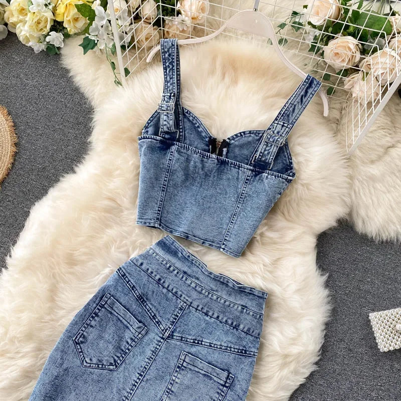 Denim Slash Neck Crop Top & Mid-Calf Skirt Set - Piña Colada