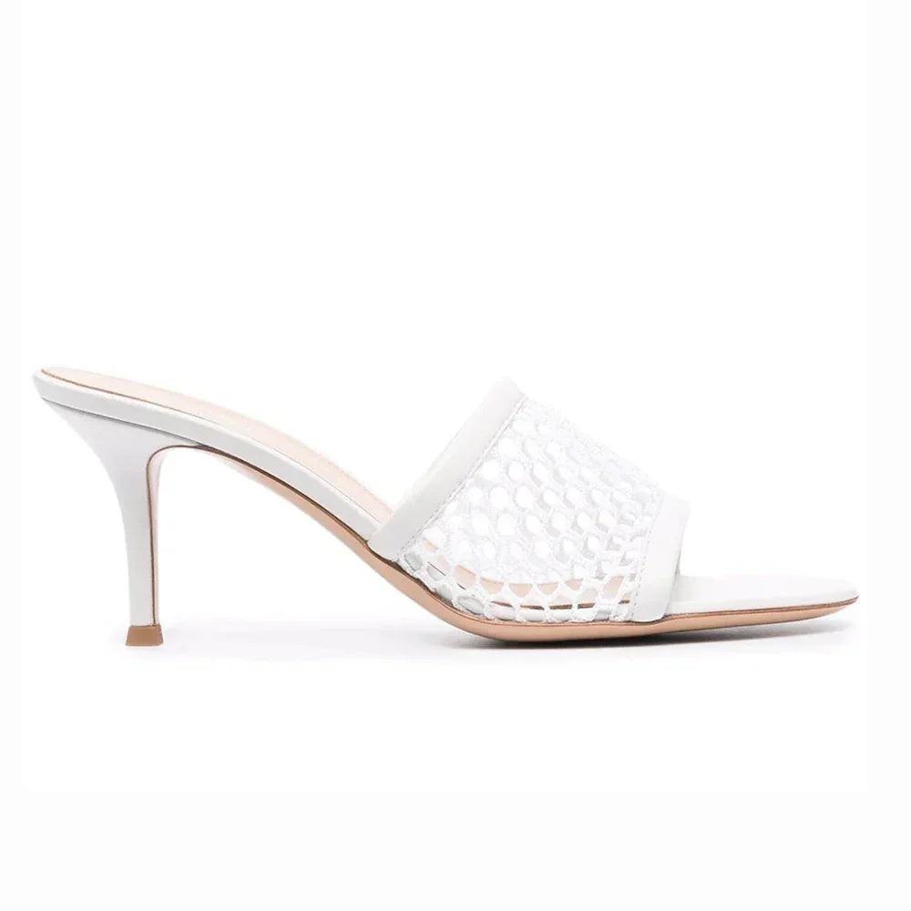 Round Toe Fish Net Mules High Heel Sandals - Piña Colada