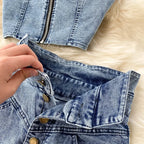 Denim Slash Neck Crop Top & Mid-Calf Skirt Set - Piña Colada