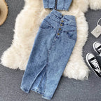 Denim Slash Neck Crop Top & Mid-Calf Skirt Set - Piña Colada