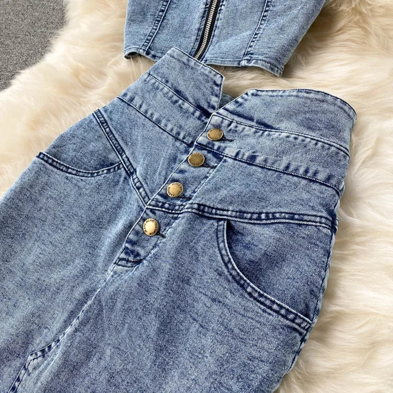 Denim Slash Neck Crop Top & Mid-Calf Skirt Set - Piña Colada
