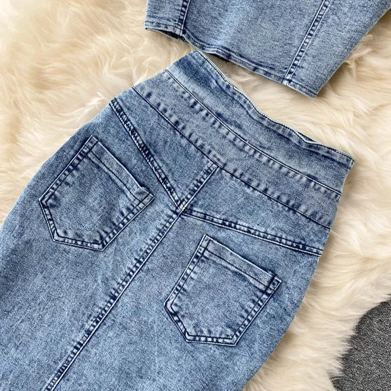 Denim Slash Neck Crop Top & Mid-Calf Skirt Set - Piña Colada