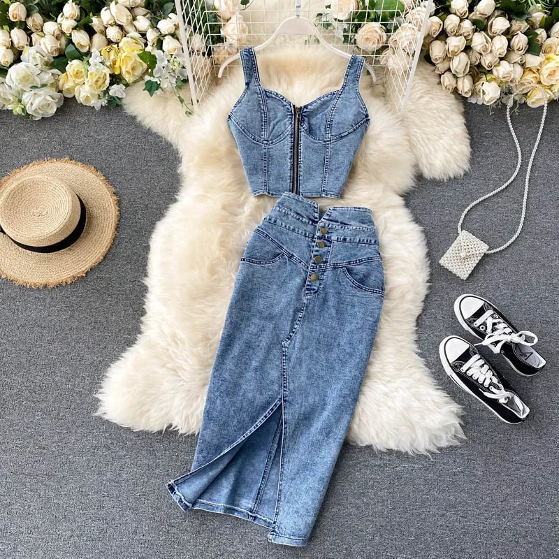 Denim Slash Neck Crop Top & Mid-Calf Skirt Set - Piña Colada