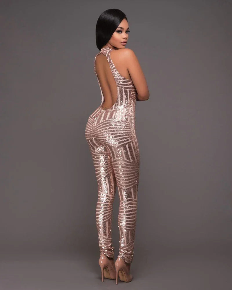 Gold Sequin Halter Jumpsuit - Piña Colada