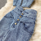 Denim Slash Neck Crop Top & Mid-Calf Skirt Set - Piña Colada
