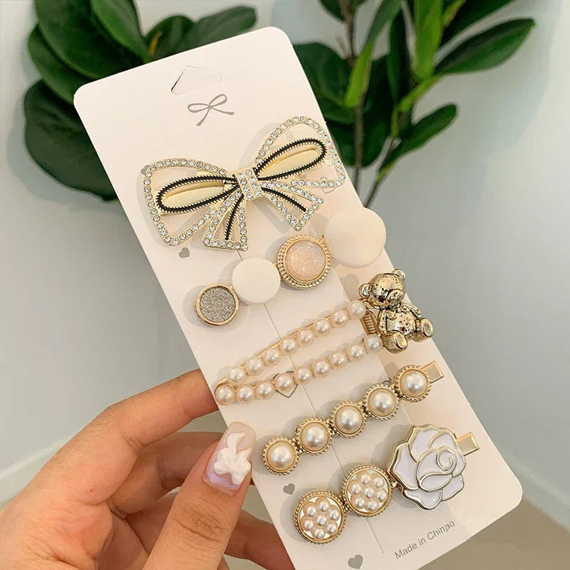 Handmade Pearl & Rhinestone Flower Hairpin Set - Piña Colada