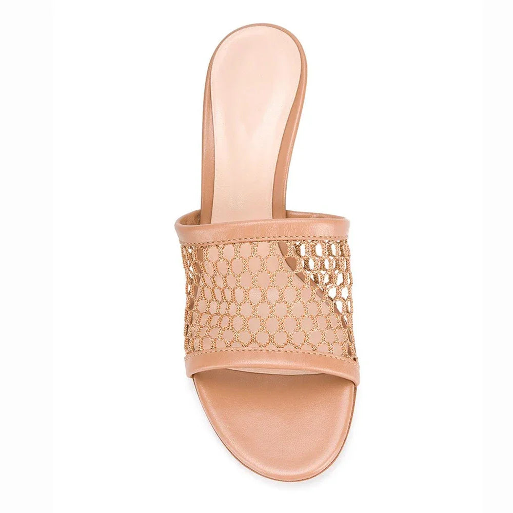 Round Toe Fish Net Mules High Heel Sandals - Piña Colada