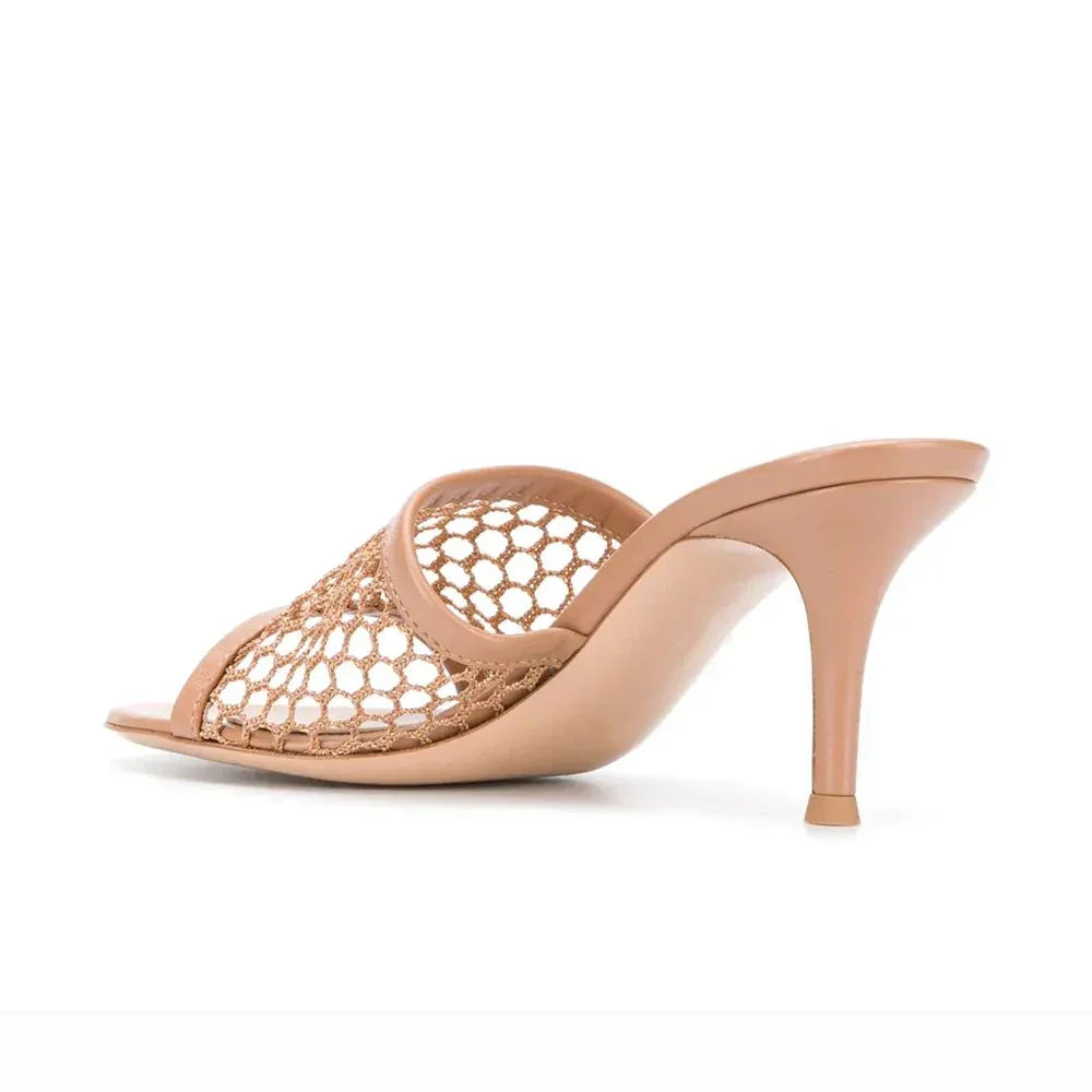 Round Toe Fish Net Mules High Heel Sandals - Piña Colada