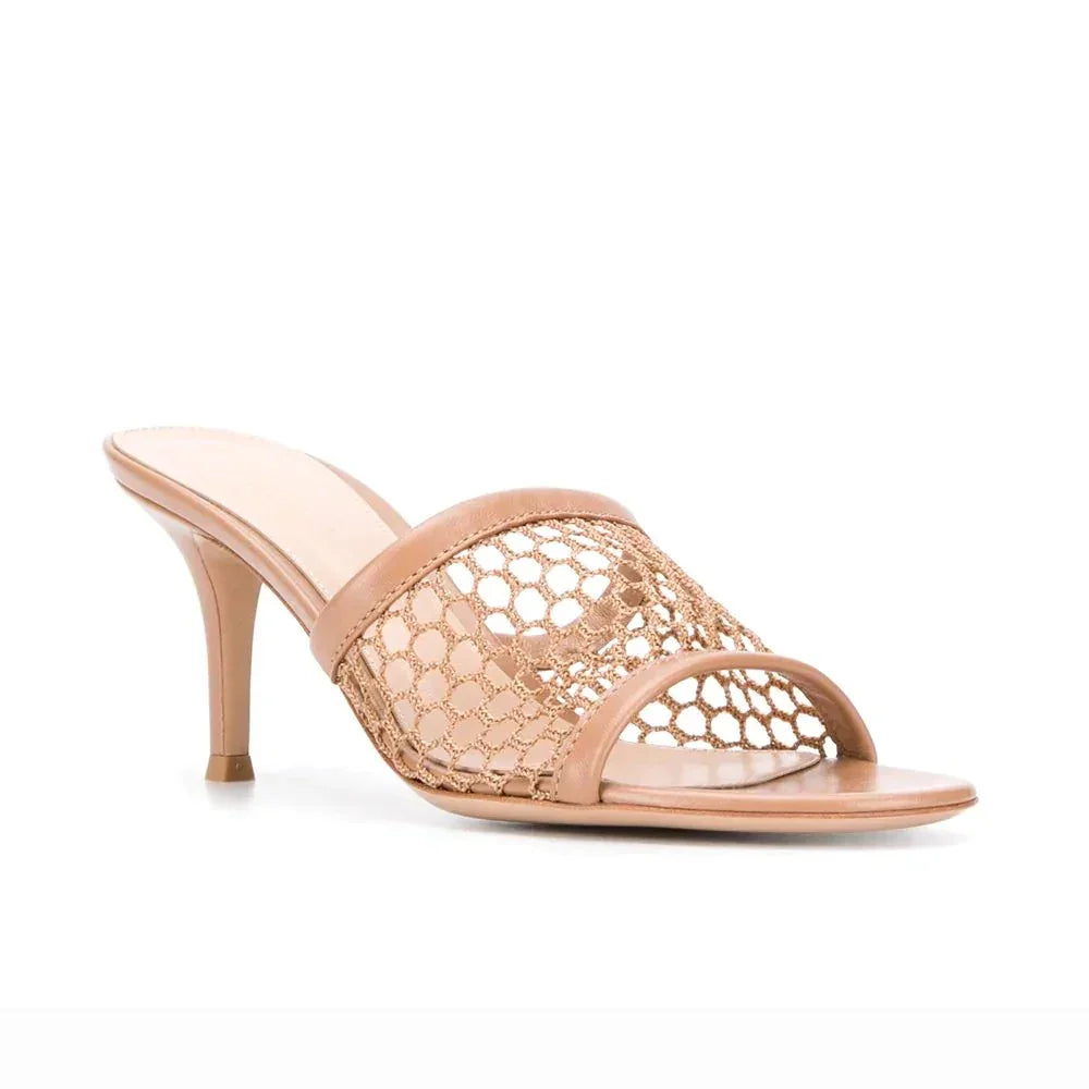 Round Toe Fish Net Mules High Heel Sandals - Piña Colada