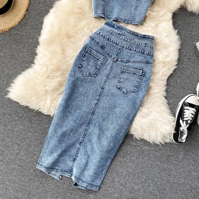 Denim Slash Neck Crop Top & Mid-Calf Skirt Set - Piña Colada