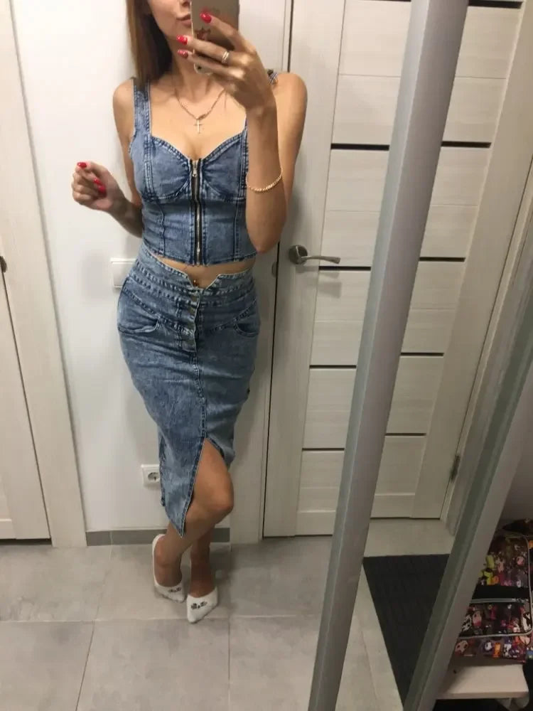 Denim Slash Neck Crop Top & Mid-Calf Skirt Set - Piña Colada