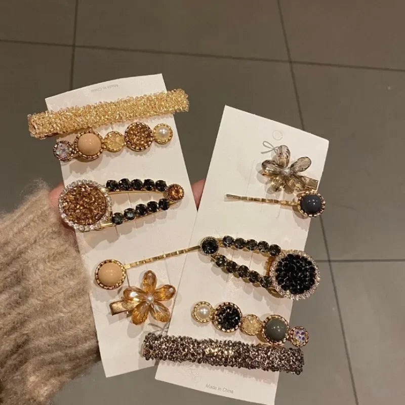 Handmade Pearl & Rhinestone Flower Hairpin Set - Piña Colada