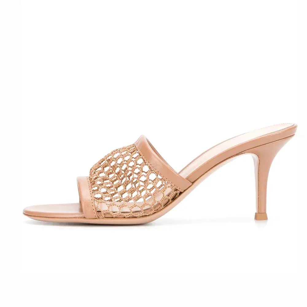 Round Toe Fish Net Mules High Heel Sandals - Piña Colada