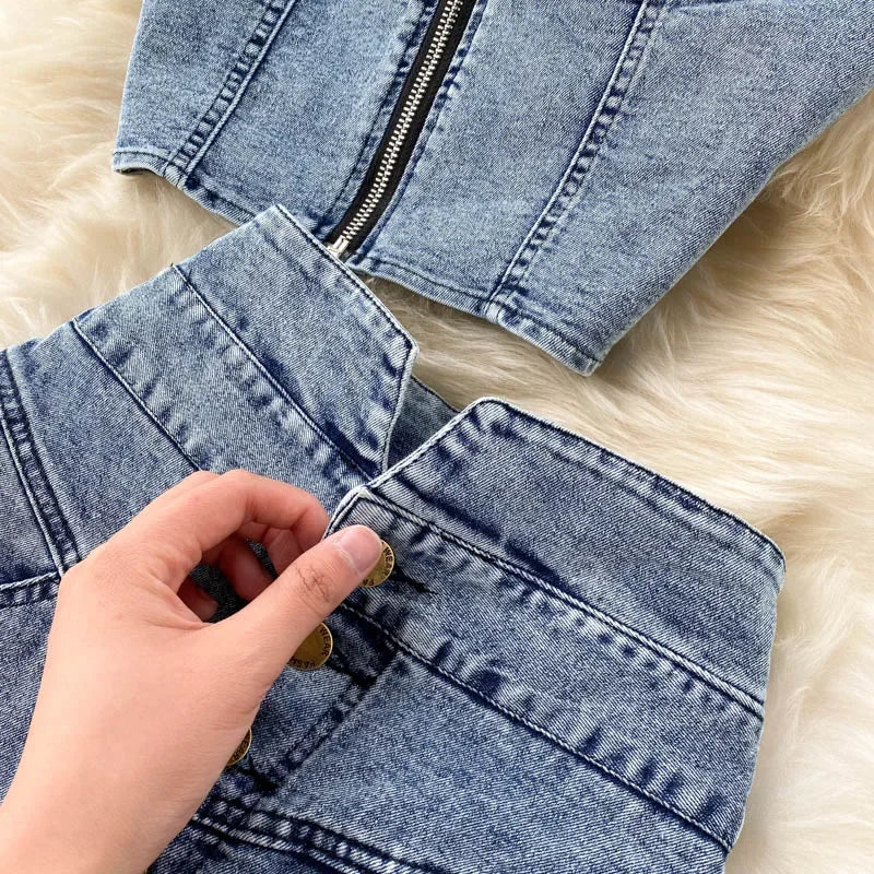 Denim Slash Neck Crop Top & Mid-Calf Skirt Set - Piña Colada