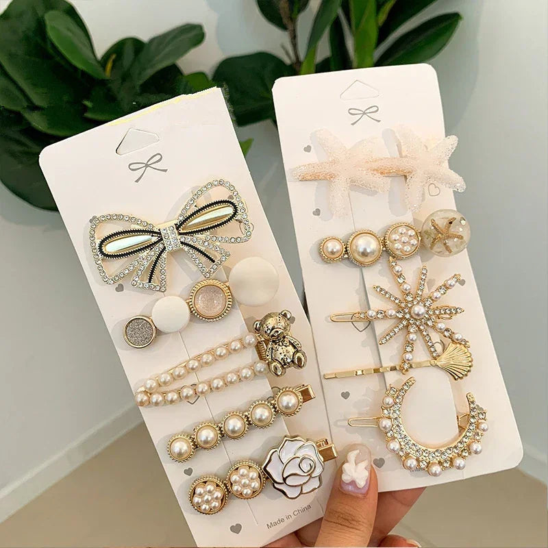 Handmade Pearl & Rhinestone Flower Hairpin Set - Piña Colada