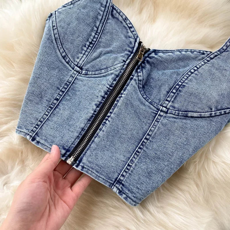 Denim Slash Neck Crop Top & Mid-Calf Skirt Set - Piña Colada