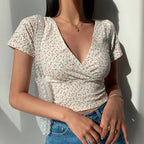 Vintage Floral Cross Crop Top - Piña Colada